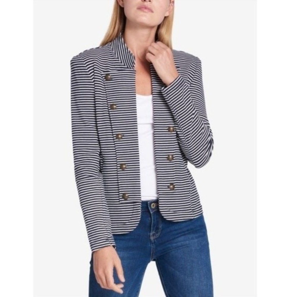 Tommy Hilfiger Knit Blazer M Navy White Striped Nautical Americana Office